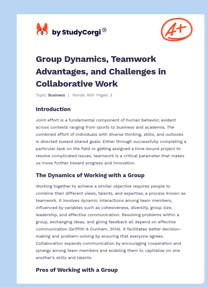 Group Dynamics, Teamwork Advantages, and Challenges in Collaborative Work. Page 1