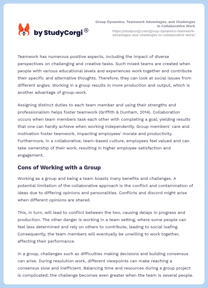 Group Dynamics, Teamwork Advantages, and Challenges in Collaborative Work. Page 2