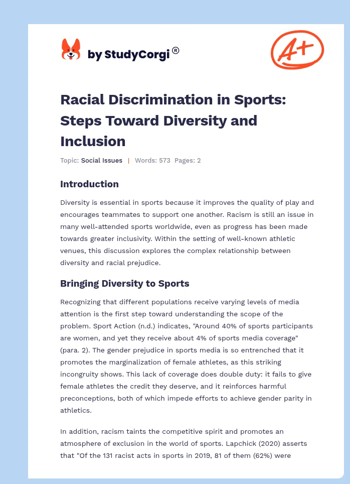 Racial Discrimination in Sports: Steps Toward Diversity and Inclusion. Page 1