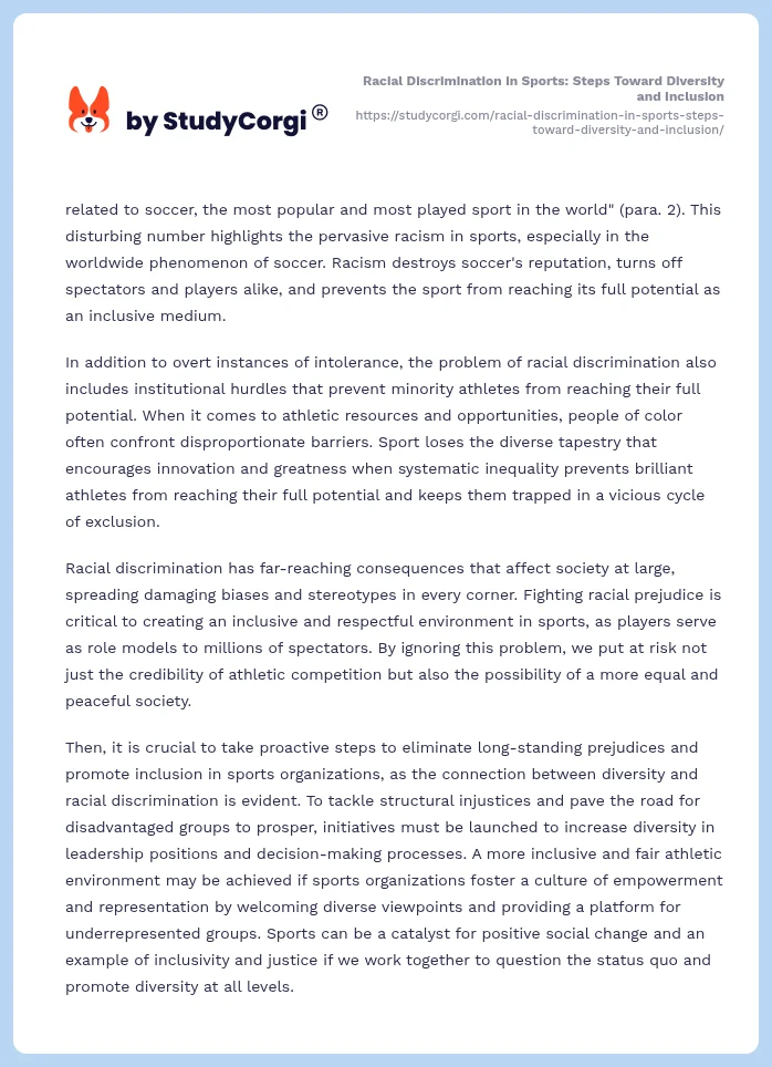 Racial Discrimination in Sports: Steps Toward Diversity and Inclusion. Page 2