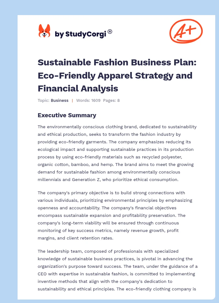 Sustainable Fashion Business Plan: Eco-Friendly Apparel Strategy and Financial Analysis. Page 1