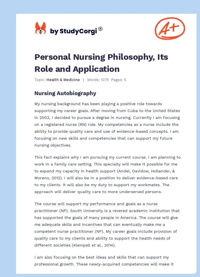 Personal Nursing Philosophy, Its Role and Application. Page 1