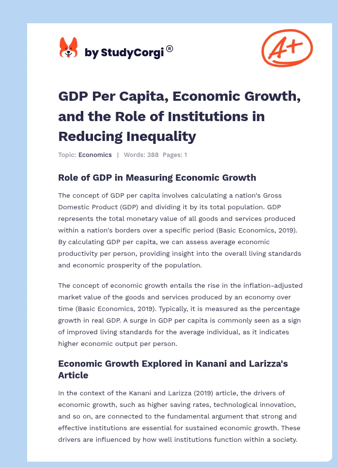 GDP Per Capita, Economic Growth, and the Role of Institutions in Reducing Inequality. Page 1