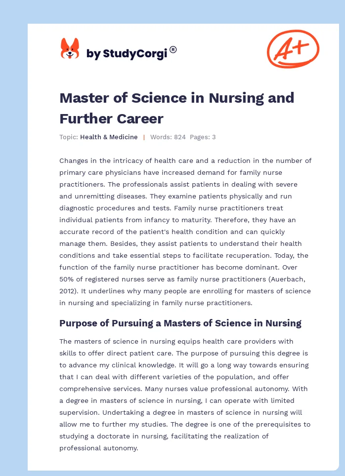 Master of Science in Nursing and Further Career. Page 1