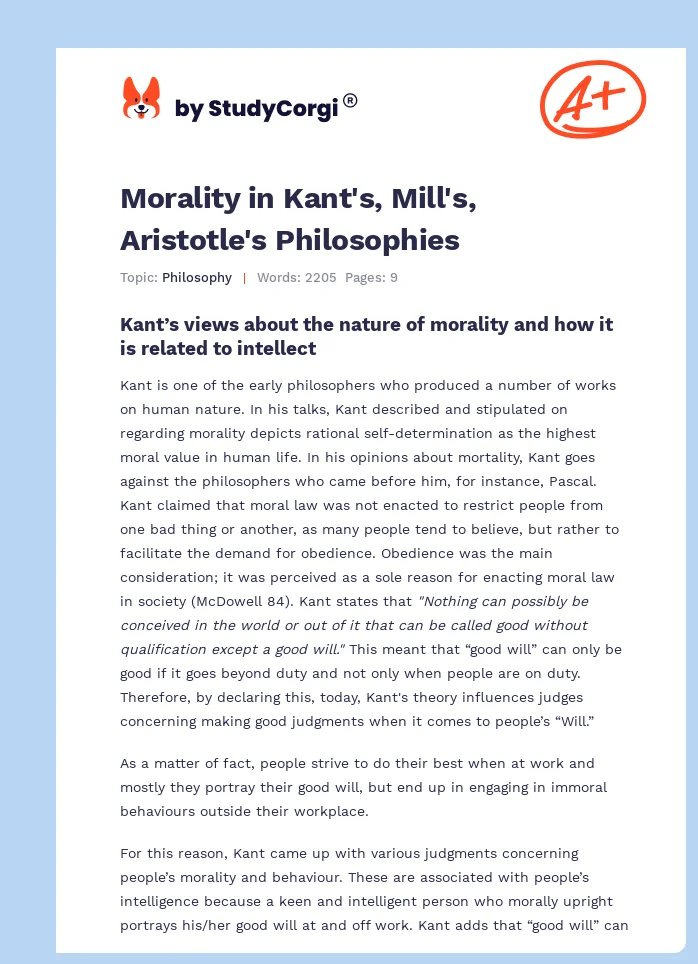 Morality in Kant's, Mill's, Aristotle's Philosophies. Page 1