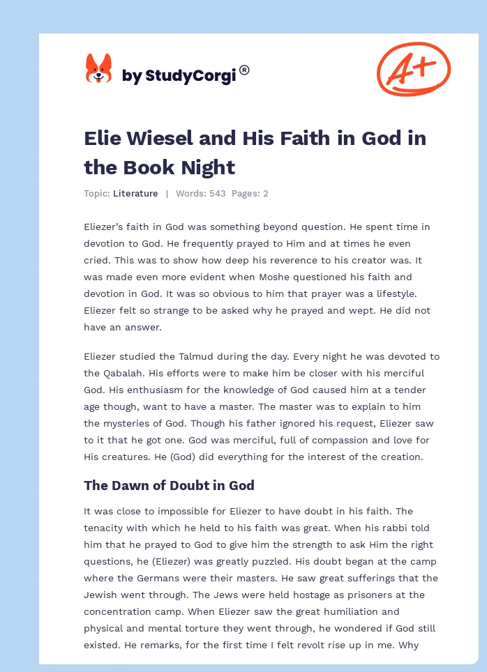Elie Wiesel and His Faith in God in the Book Night. Page 1