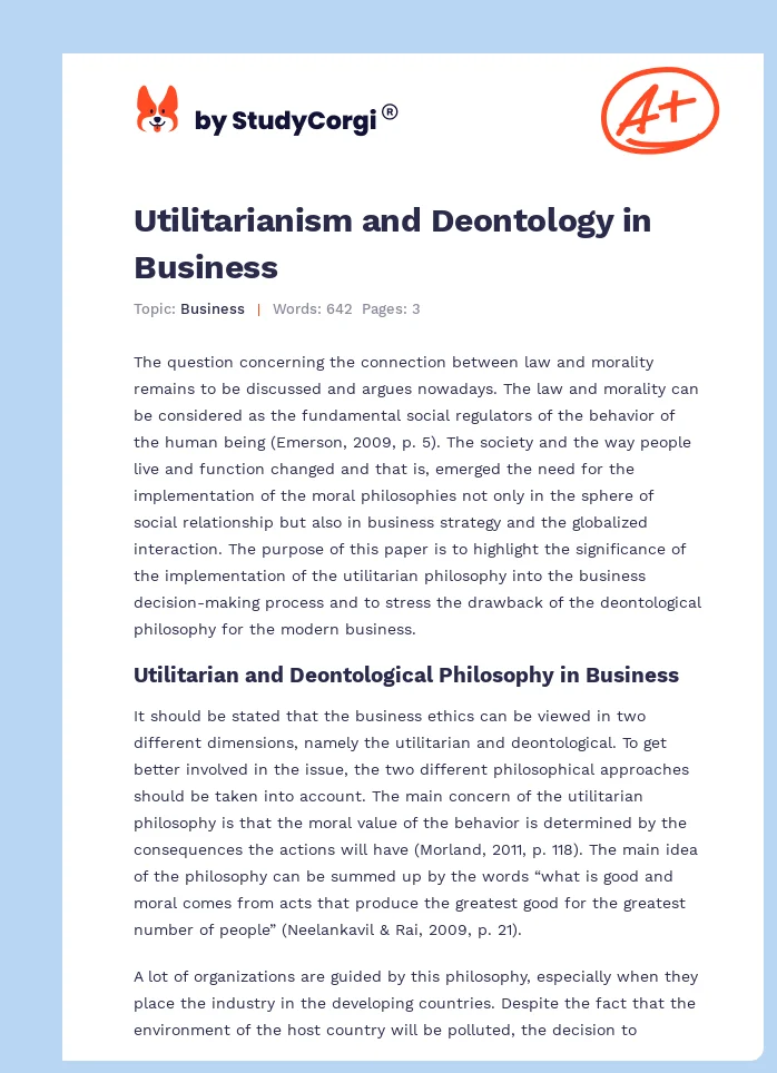 Utilitarianism and Deontology in Business. Page 1