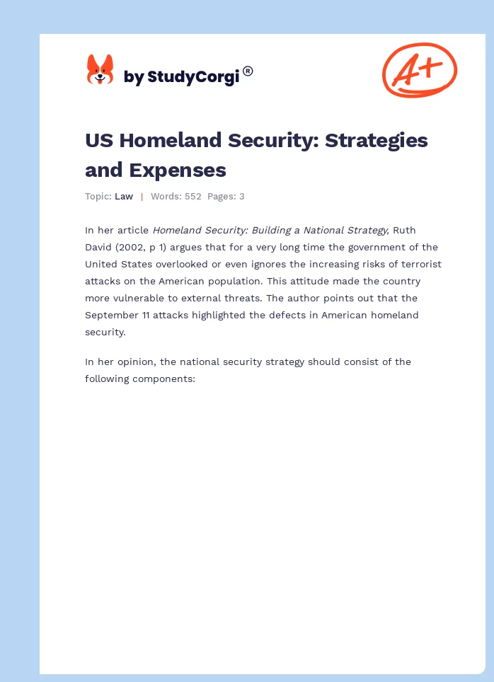 US Homeland Security: Strategies and Expenses. Page 1