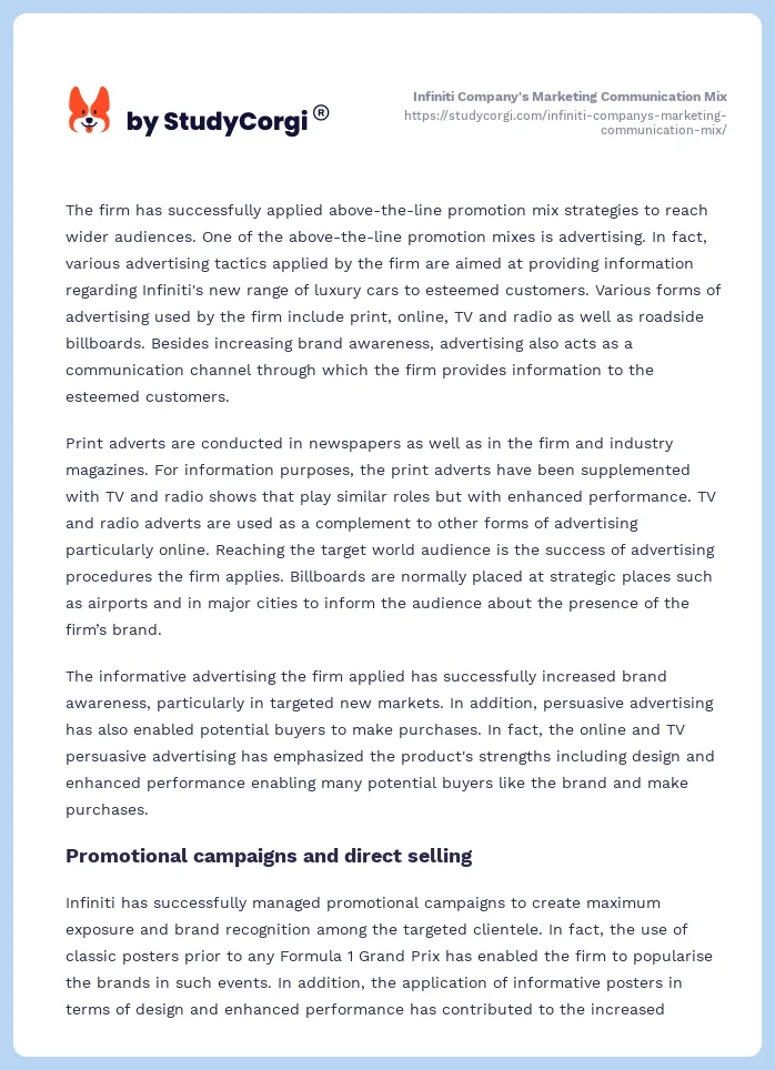 Infiniti Company's Marketing Communication Mix. Page 2