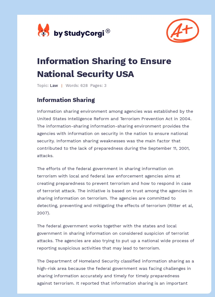 Information Sharing to Ensure National Security USA. Page 1