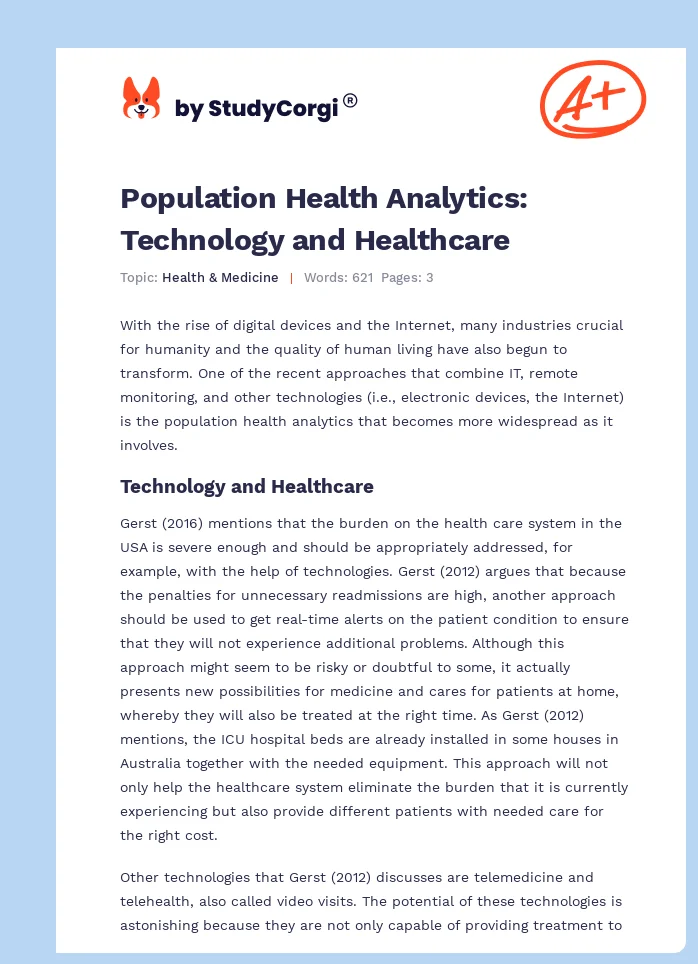 Population Health Analytics: Technology and Healthcare. Page 1