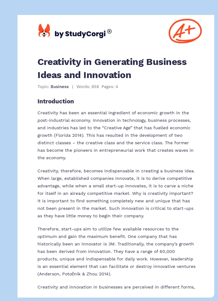 Creativity in Generating Business Ideas and Innovation. Page 1