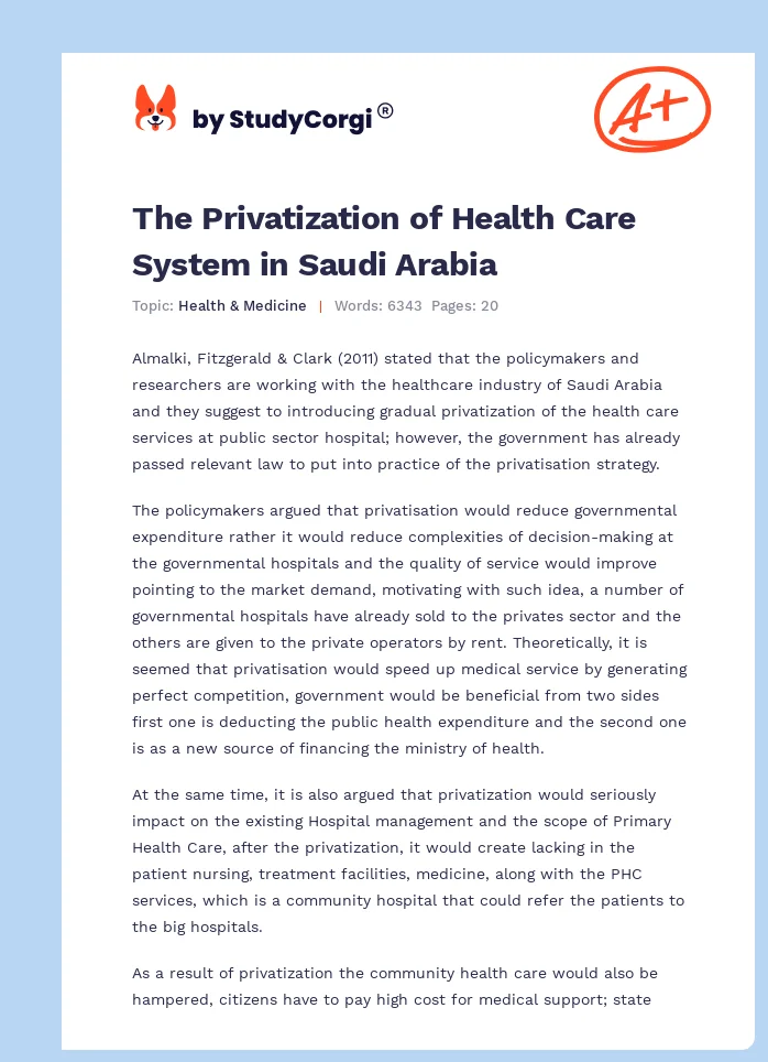 The Privatization of Health Care System in Saudi Arabia. Page 1