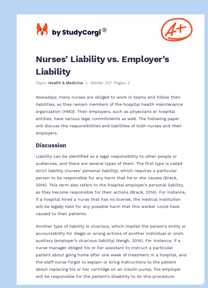 Nurses’ Liability vs. Employer’s Liability. Page 1