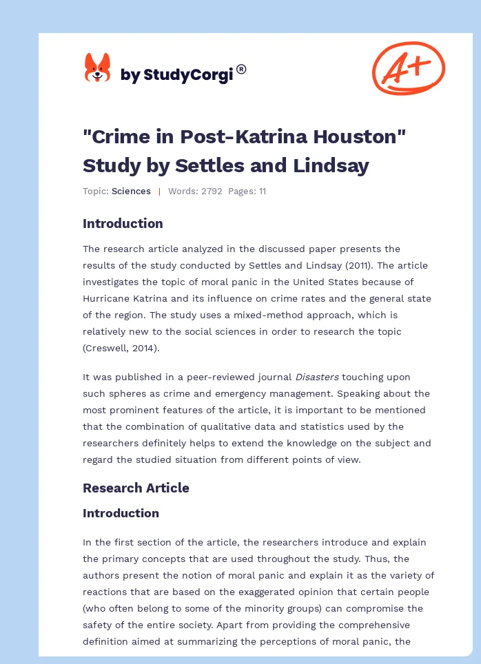 "Crime in Post-Katrina Houston" Study by Settles and Lindsay. Page 1
