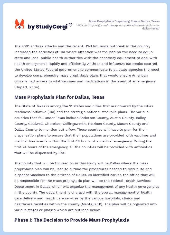 Mass Prophylaxis Dispensing Plan in Dallas, Texas. Page 2