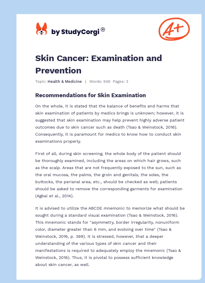 Skin Cancer: Examination and Prevention. Page 1