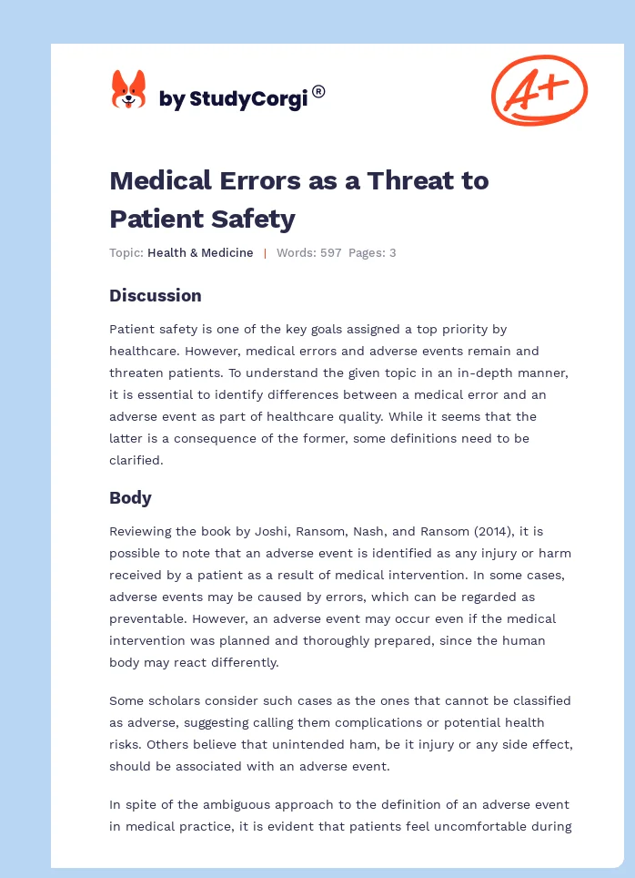 Medical Errors as a Threat to Patient Safety. Page 1