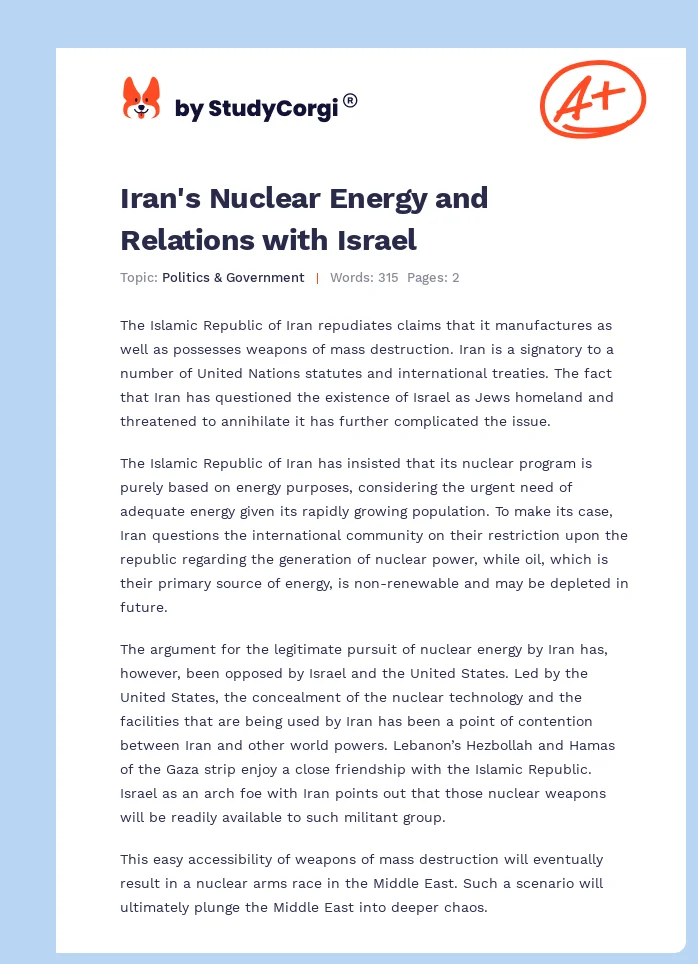 Iran's Nuclear Energy and Relations with Israel. Page 1