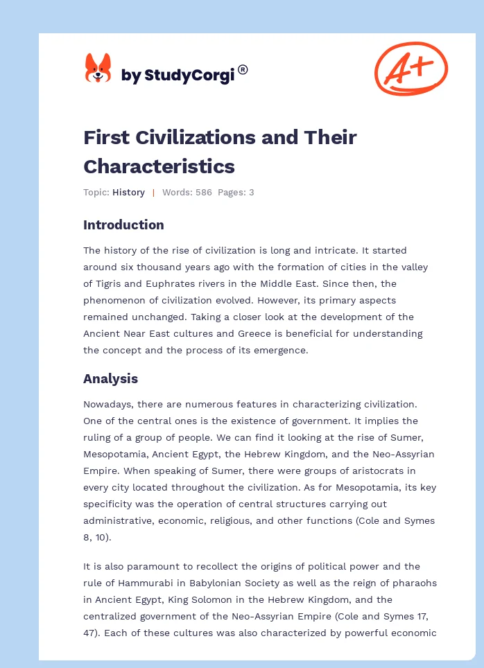 First Civilizations and Their Characteristics. Page 1
