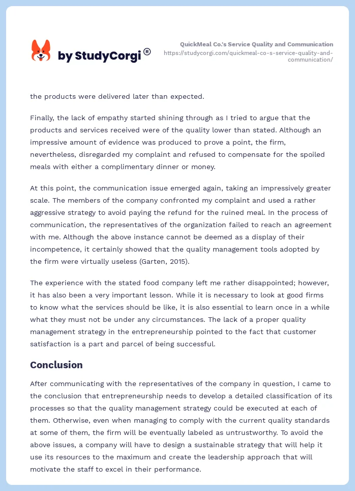 QuickMeal Co.'s Service Quality and Communication. Page 2