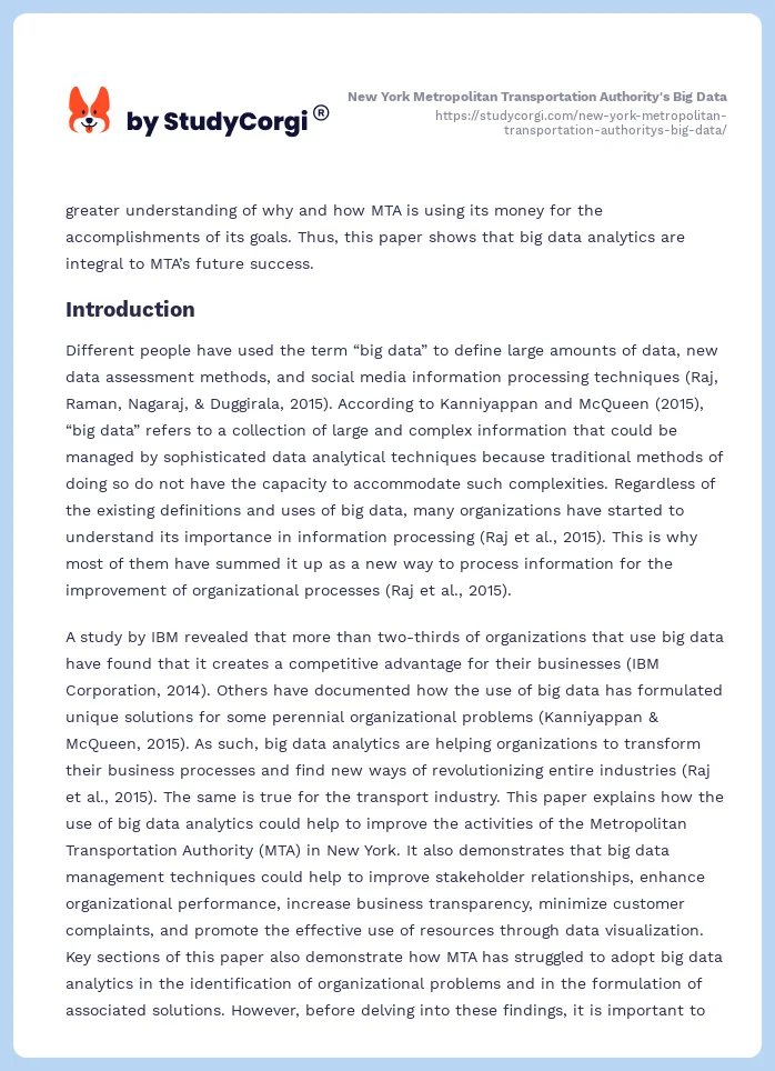 New York Metropolitan Transportation Authority's Big Data. Page 2