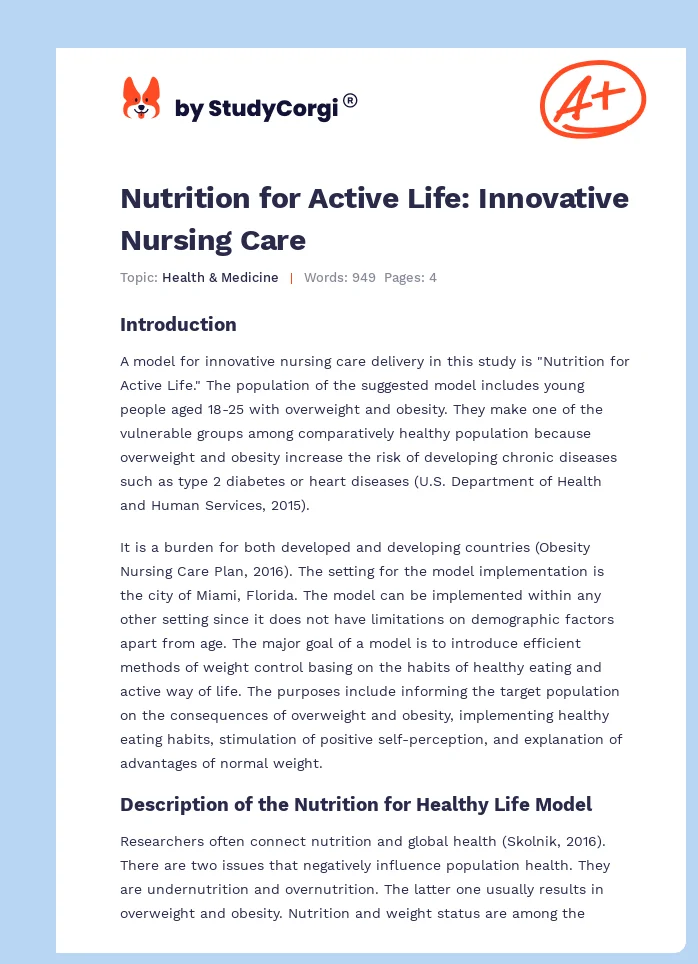 Nutrition for Active Life: Innovative Nursing Care. Page 1