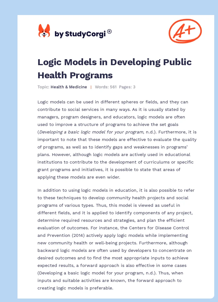 Logic Models in Developing Public Health Programs. Page 1