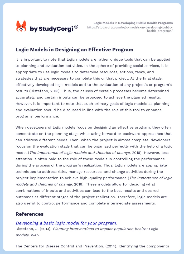 Logic Models in Developing Public Health Programs. Page 2