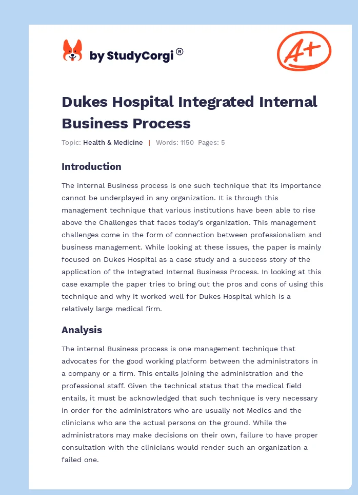 Dukes Hospital Integrated Internal Business Process. Page 1