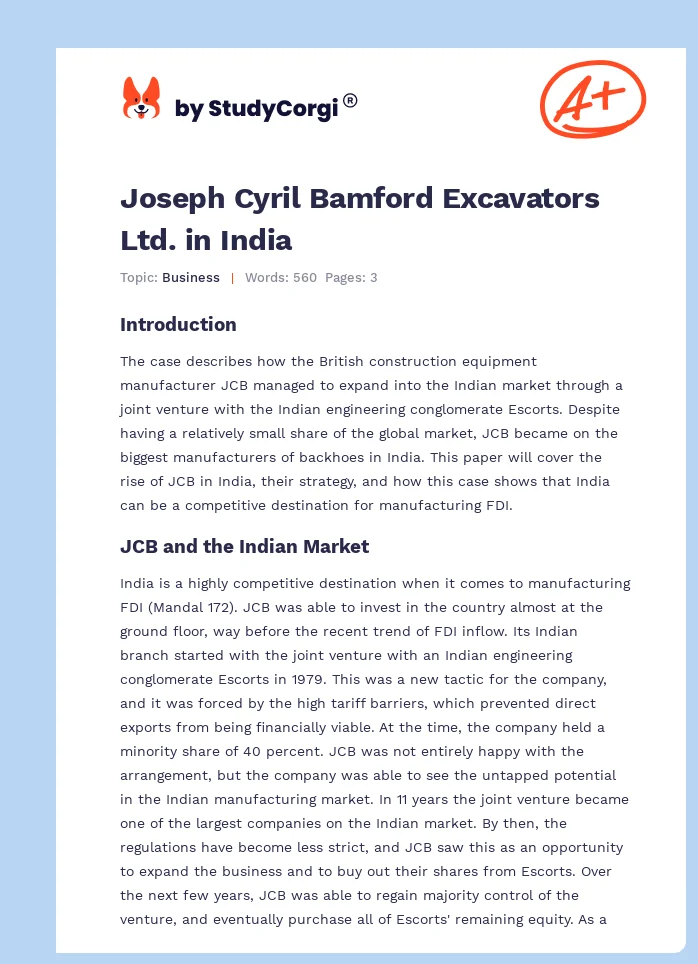 Joseph Cyril Bamford Excavators Ltd. in India. Page 1