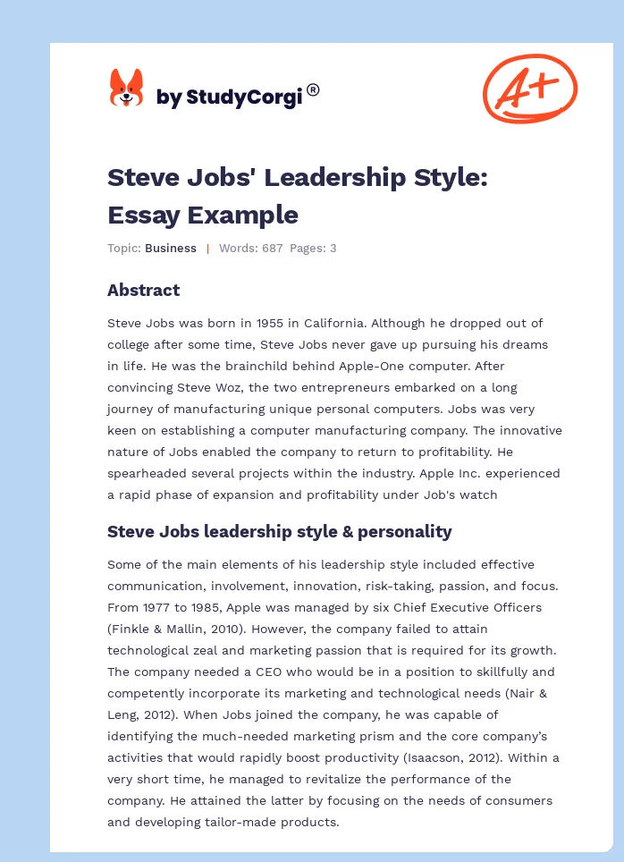 Steve Jobs' Leadership Style: Essay Example. Page 1