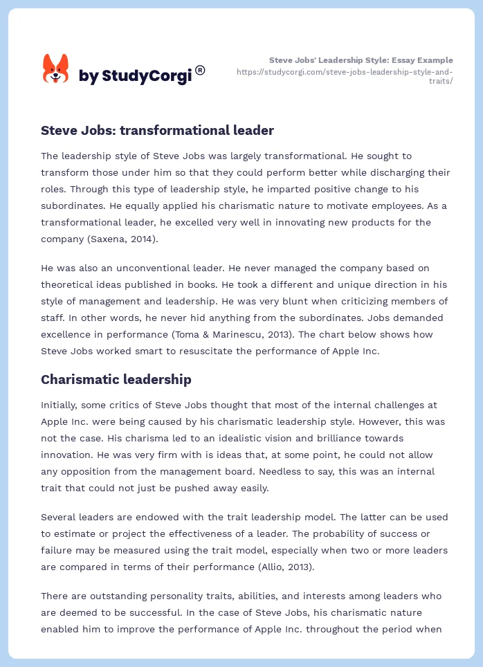 Steve Jobs' Leadership Style: Essay Example. Page 2