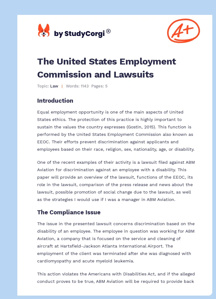 The United States Employment Commission and Lawsuits. Page 1