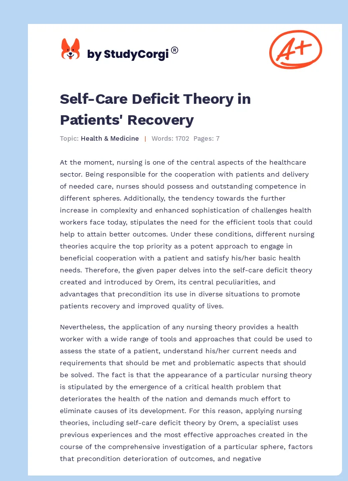 Self-Care Deficit Theory in Patients' Recovery. Page 1