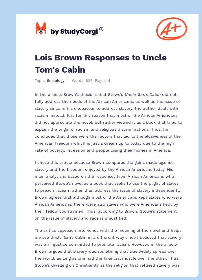 Lois Brown Responses to Uncle Tom's Cabin. Page 1