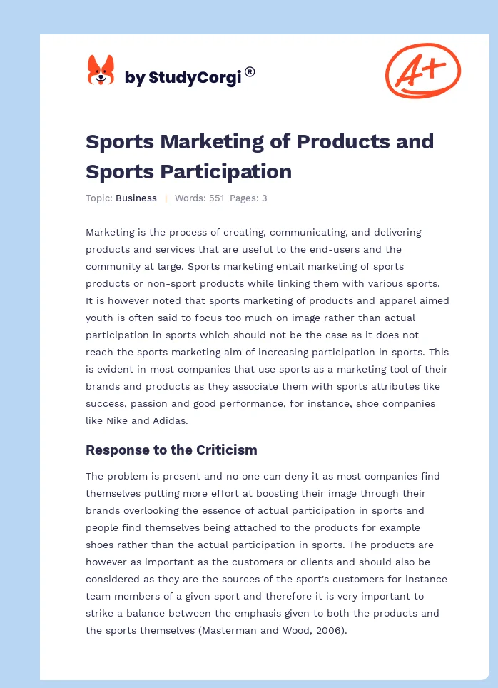 Sports Marketing of Products and Sports Participation. Page 1