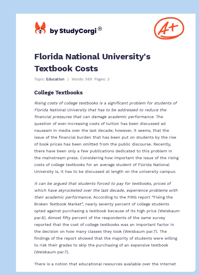 Florida National University's Textbook Costs. Page 1