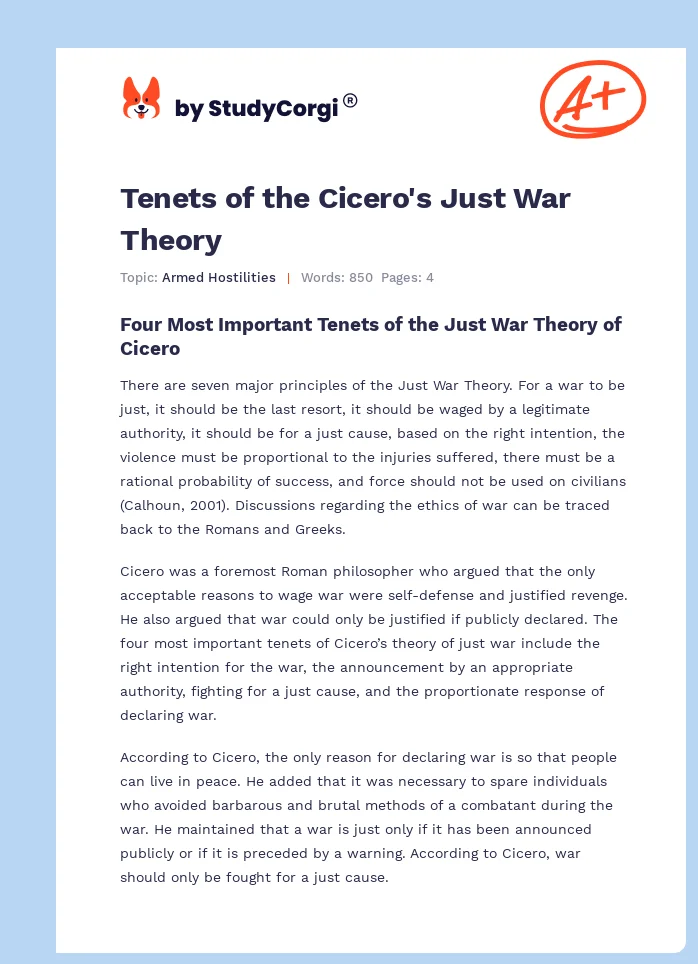 Tenets of the Cicero's Just War Theory. Page 1