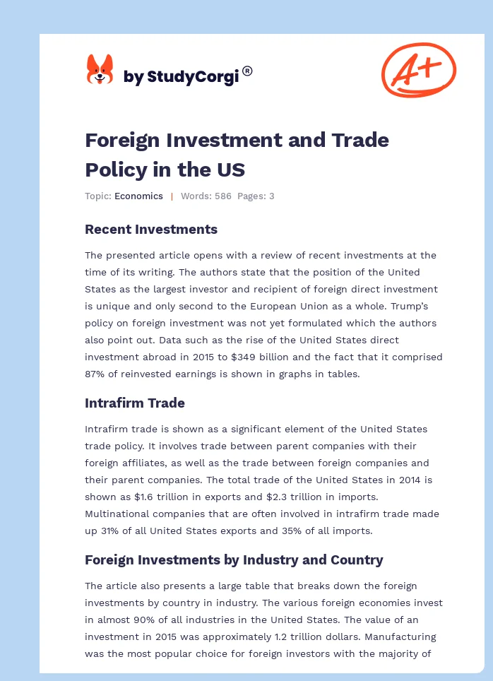 Foreign Investment and Trade Policy in the US. Page 1