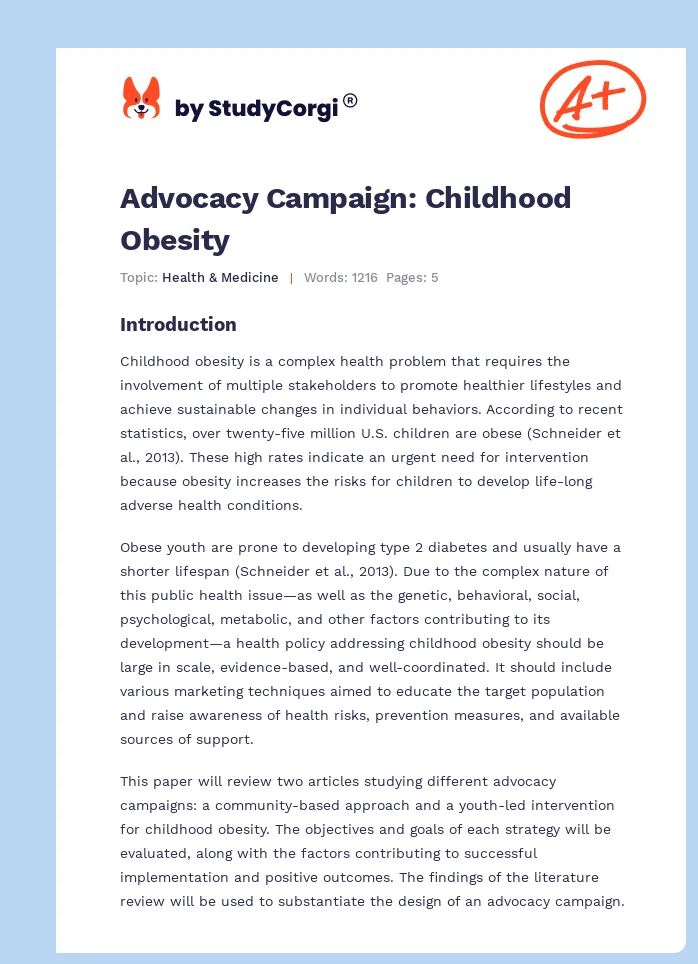 Advocacy Campaign: Childhood Obesity. Page 1