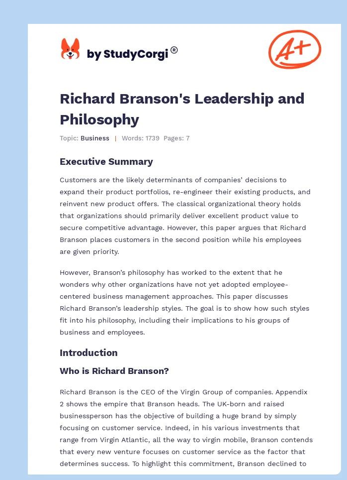 Richard Branson's Leadership and Philosophy. Page 1