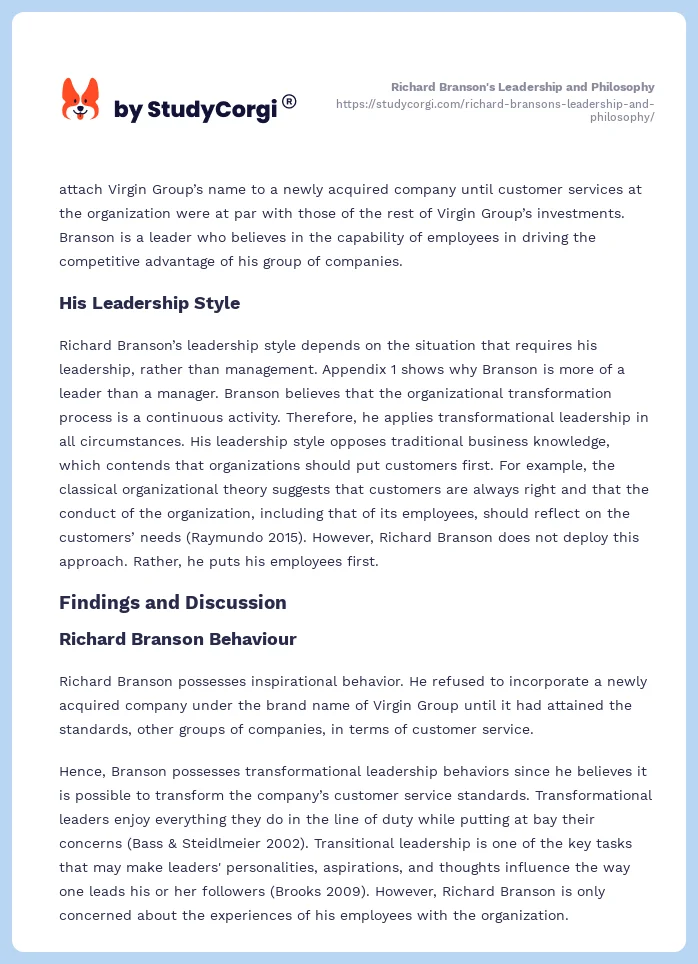 Richard Branson's Leadership and Philosophy. Page 2