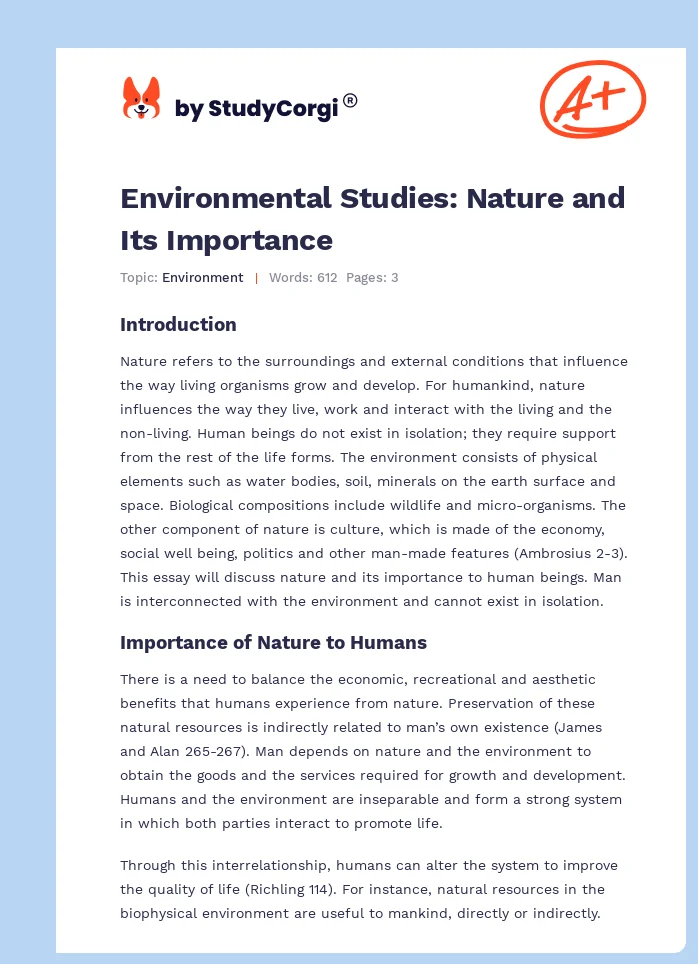 Environmental Studies: Nature and Its Importance. Page 1