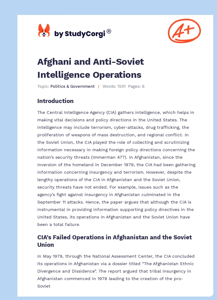 Afghani and Anti-Soviet Intelligence Operations. Page 1