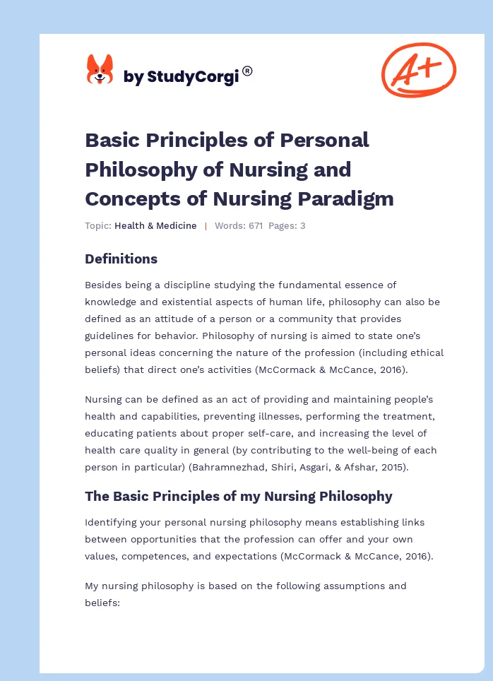 Basic Principles of Personal Philosophy of Nursing and Concepts of Nursing Paradigm. Page 1