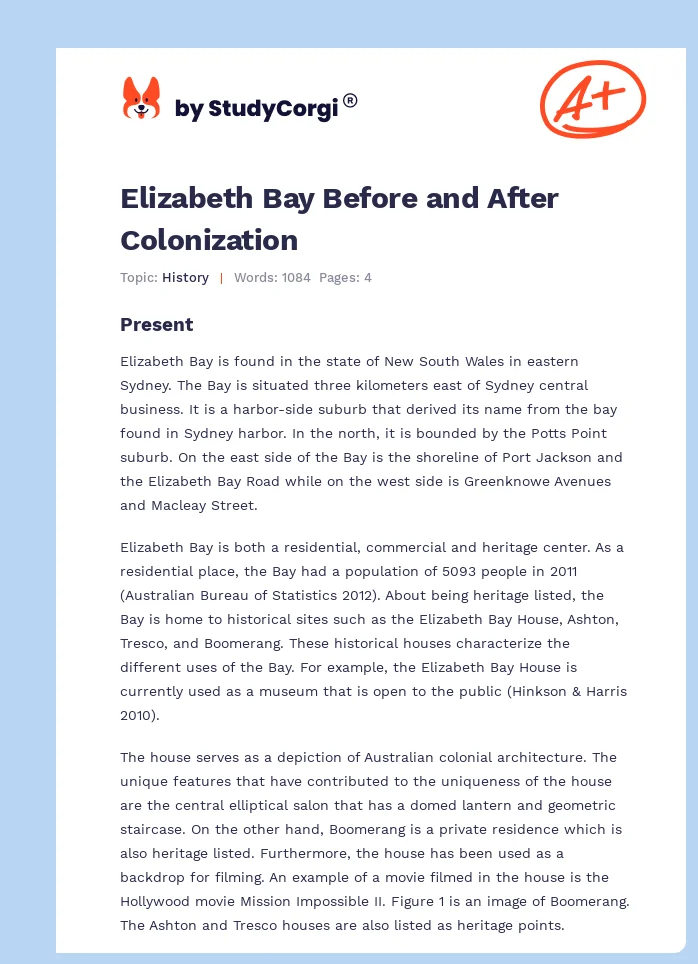 Elizabeth Bay Before and After Colonization. Page 1