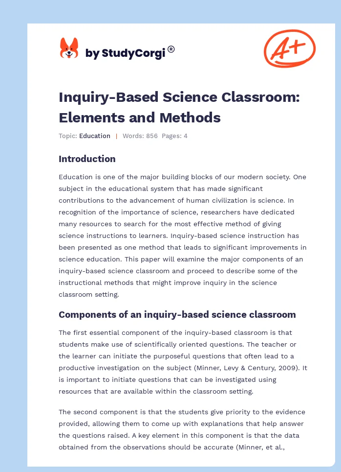 Inquiry-Based Science Classroom: Elements and Methods. Page 1