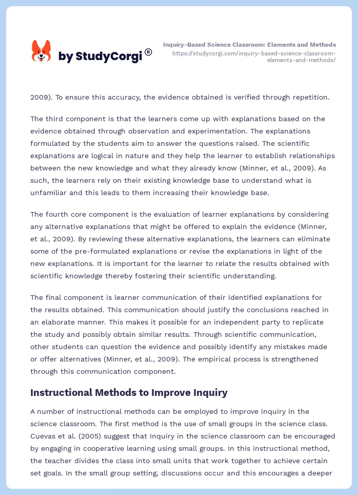 Inquiry-Based Science Classroom: Elements and Methods. Page 2
