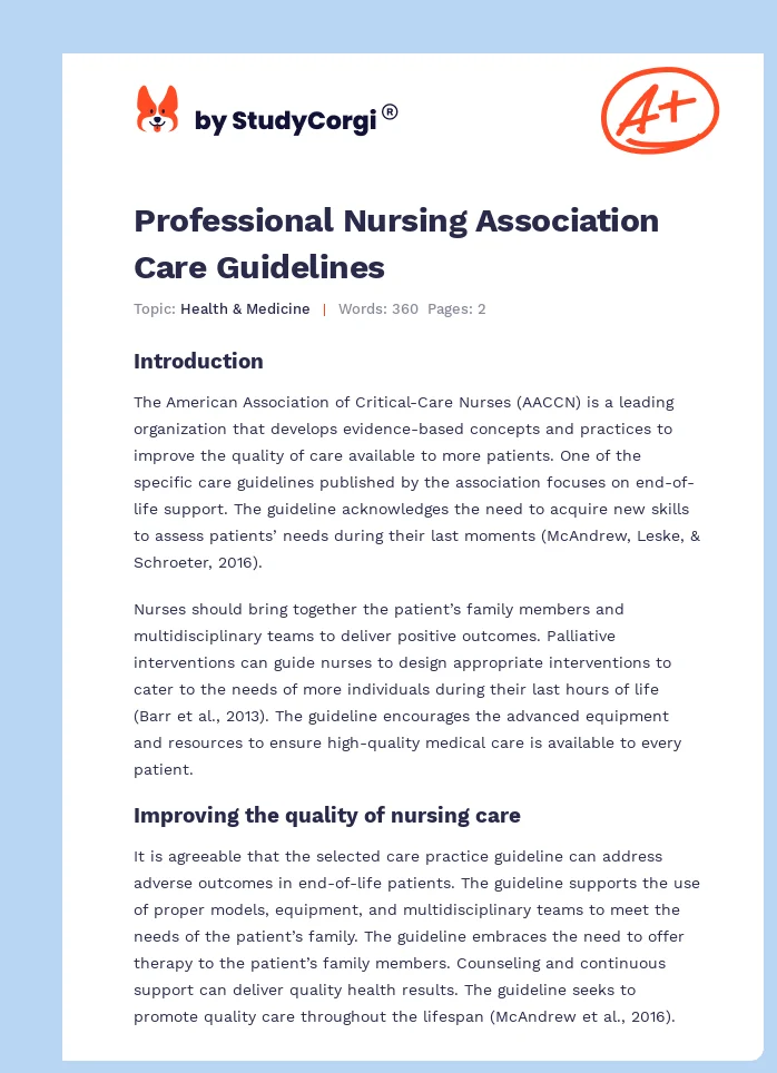 Professional Nursing Association Care Guidelines. Page 1